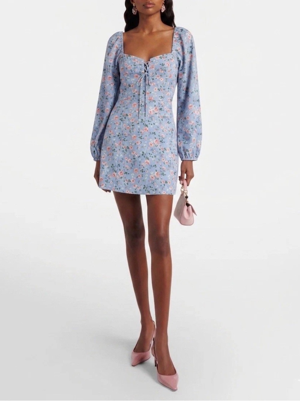 Abercrombie & Fitch Light Blue Floral Off Shoulder Long-Sleeve Mini Dress